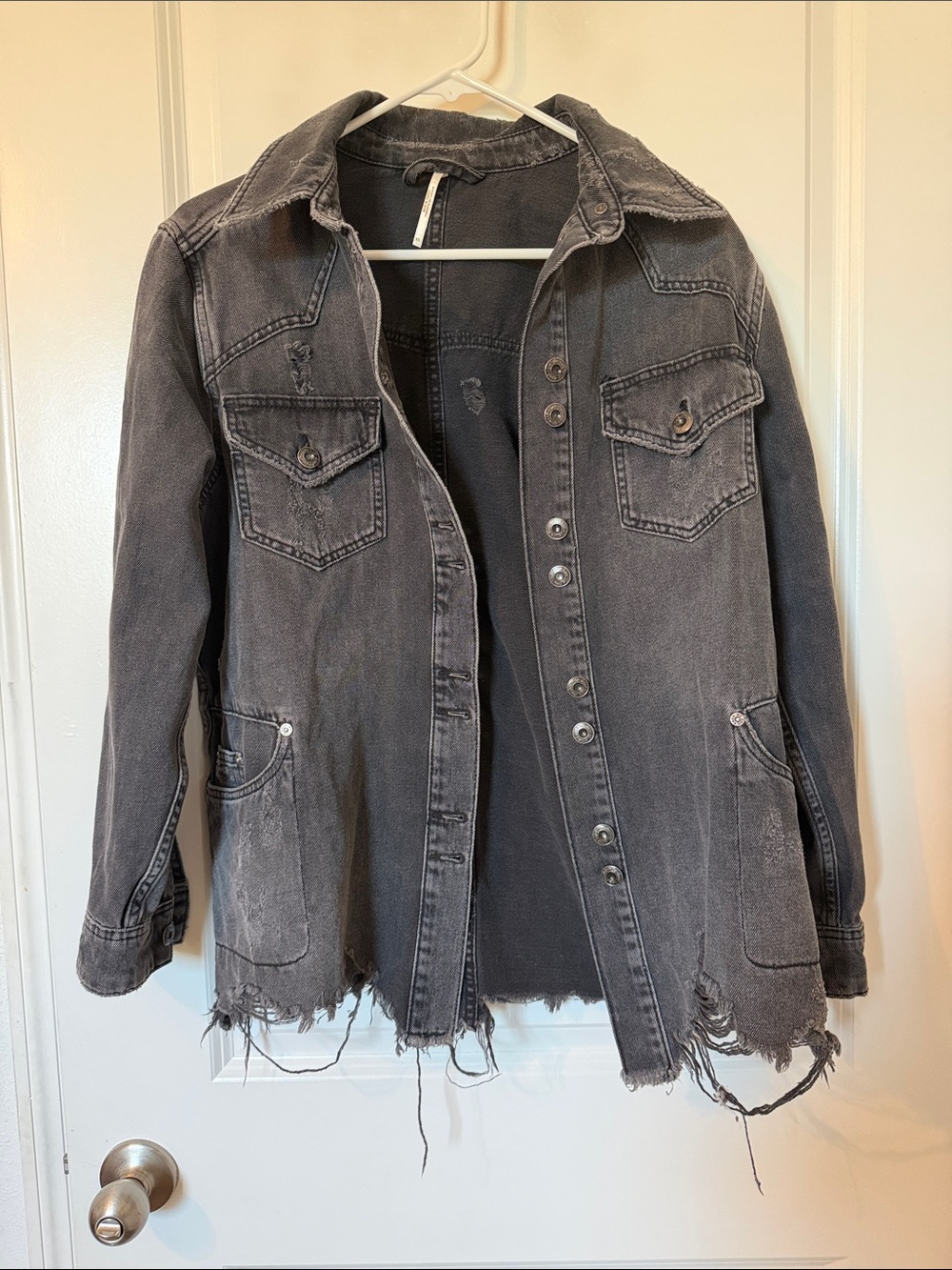 Free People Washed Black Distressed Denim Jacket